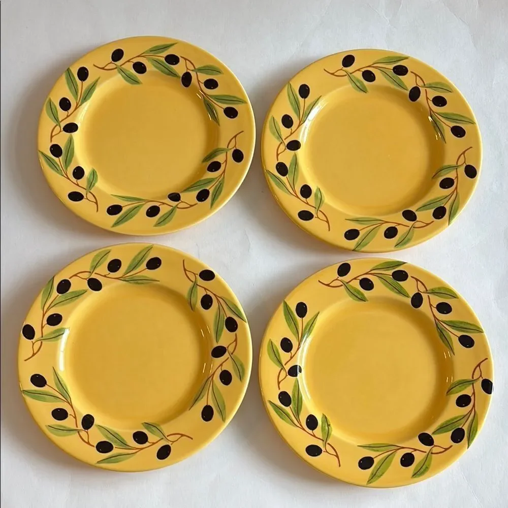 Varages France Olive Branch Pattern Yellow Salad Plates Set of 4